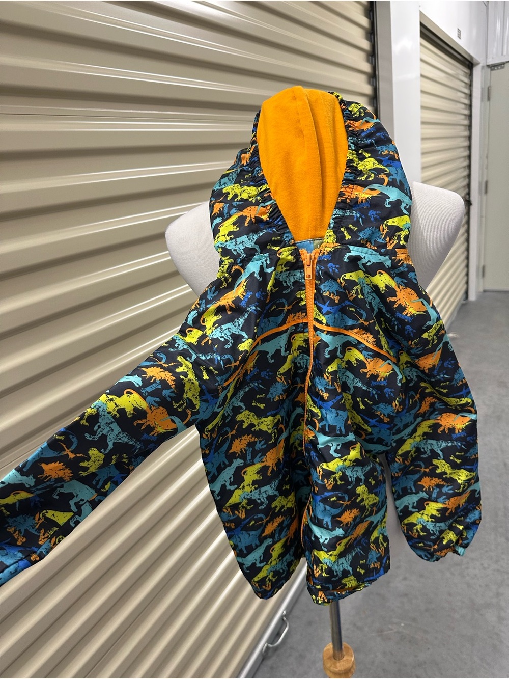 Kids Dino Print Raincoat Windbreaker with Hood - Orange Lining